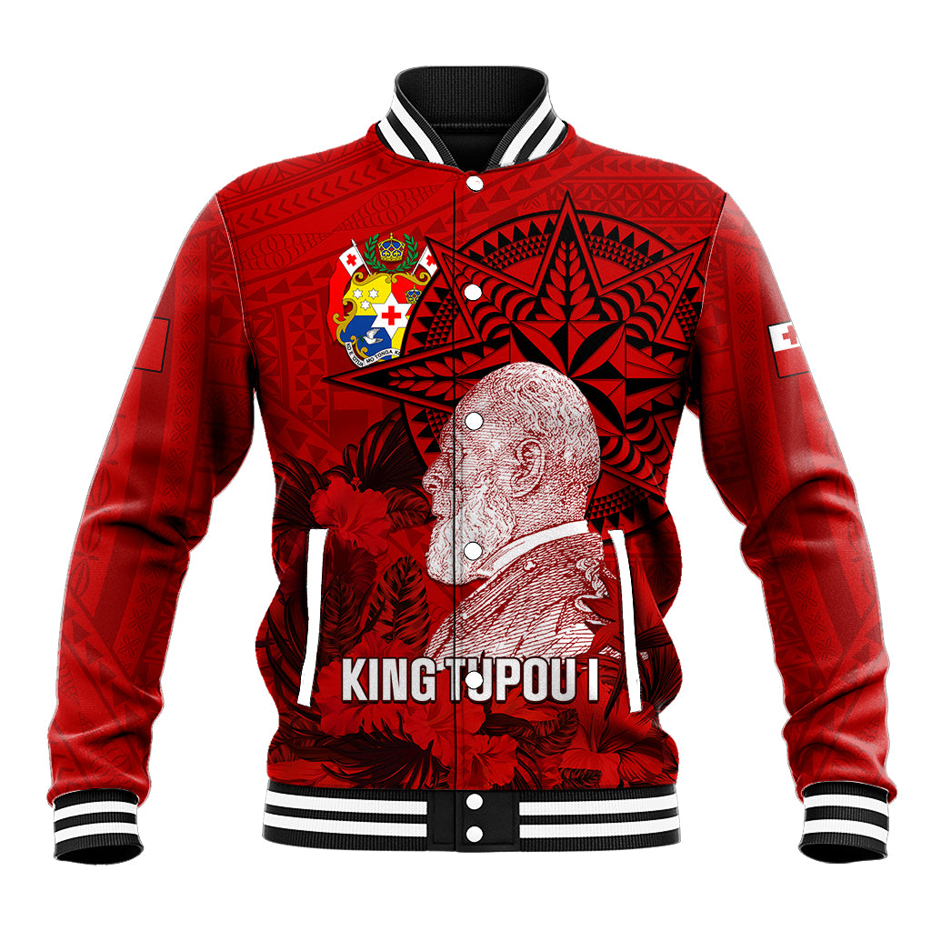 Tonga King Tupou I Day Baseball Jacket Tropical Flowers With Ngatu Pattern LT05 Unisex Red - Polynesian Pride