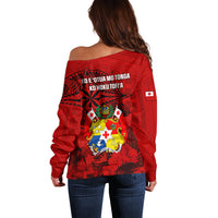 Tonga King Tupou I Day Off Shoulder Sweater Tropical Flowers With Ngatu Pattern LT05 - Polynesian Pride