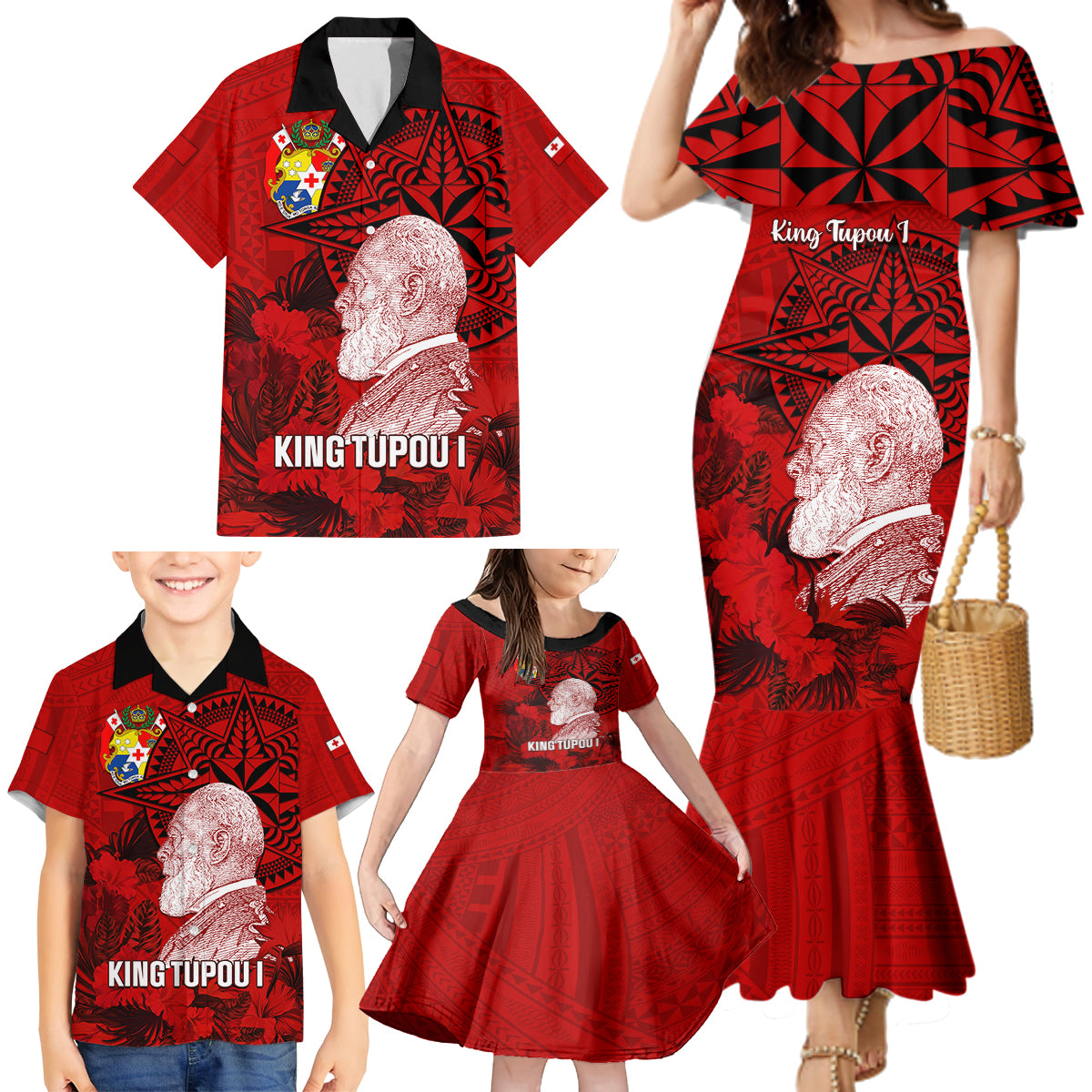 Personalized Tonga King Tupou I Day Family Matching Mermaid Dress and Hawaiian Shirt Tropical Flowers With Ngatu Pattern LT05 - Polynesian Pride