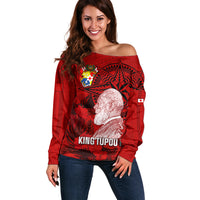Personalized Tonga King Tupou I Day Off Shoulder Sweater Tropical Flowers With Ngatu Pattern LT05 Women Red - Polynesian Pride