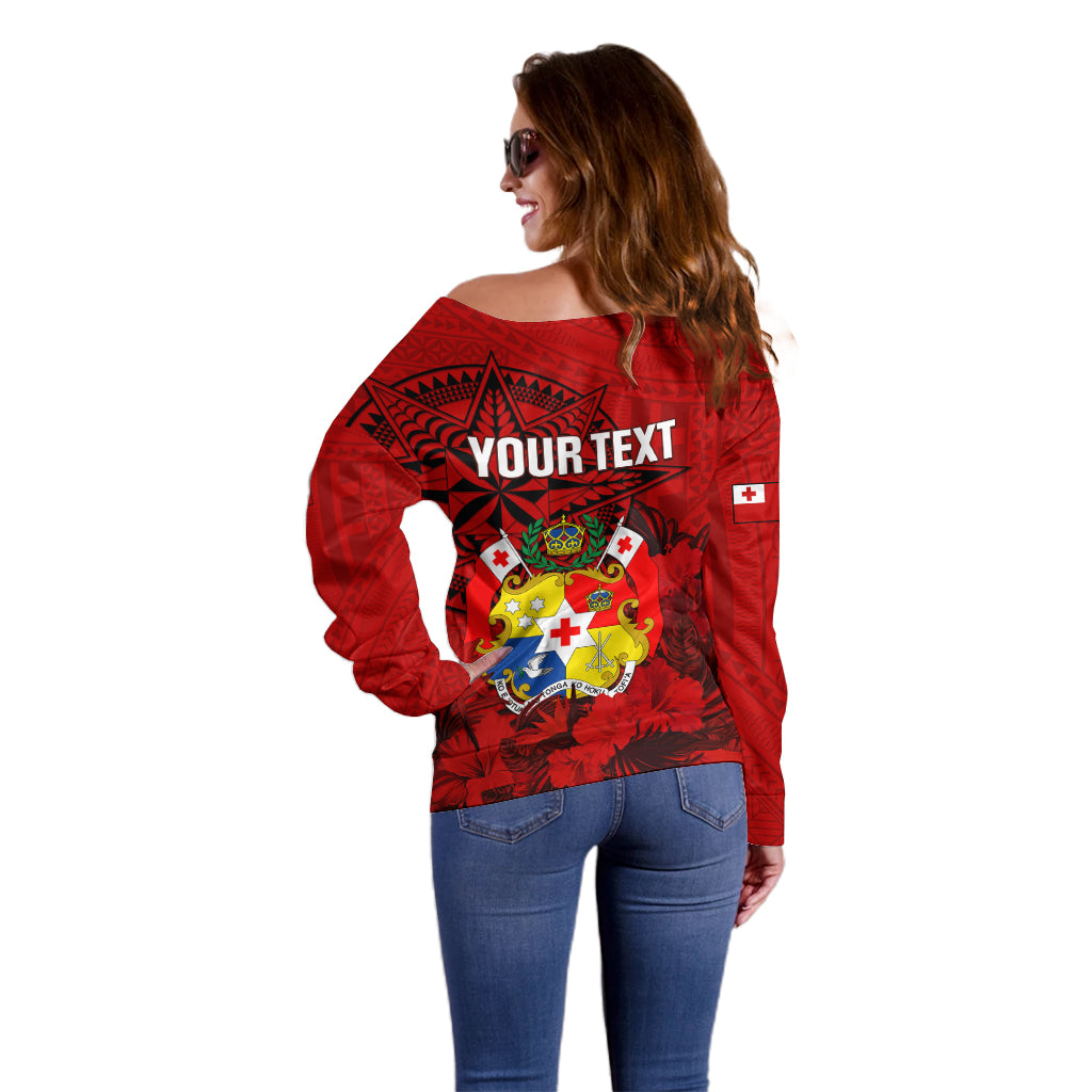 Personalized Tonga King Tupou I Day Off Shoulder Sweater Tropical Flowers With Ngatu Pattern LT05 - Polynesian Pride