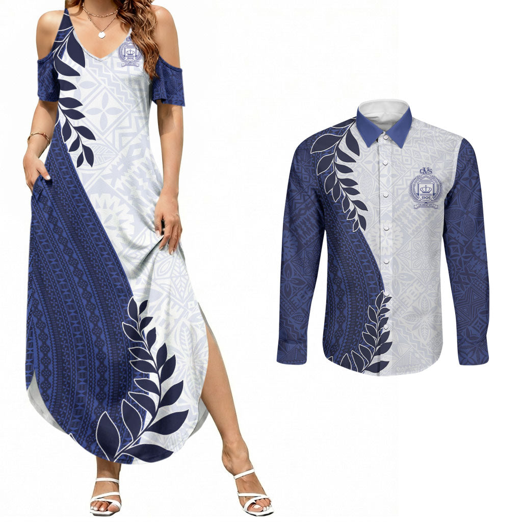 Custom Fiji Queen Victoria School Couples Matching Summer Maxi Dress and Long Sleeve Button Shirt 120 Years Anniversary LT05 White - Polynesian Pride