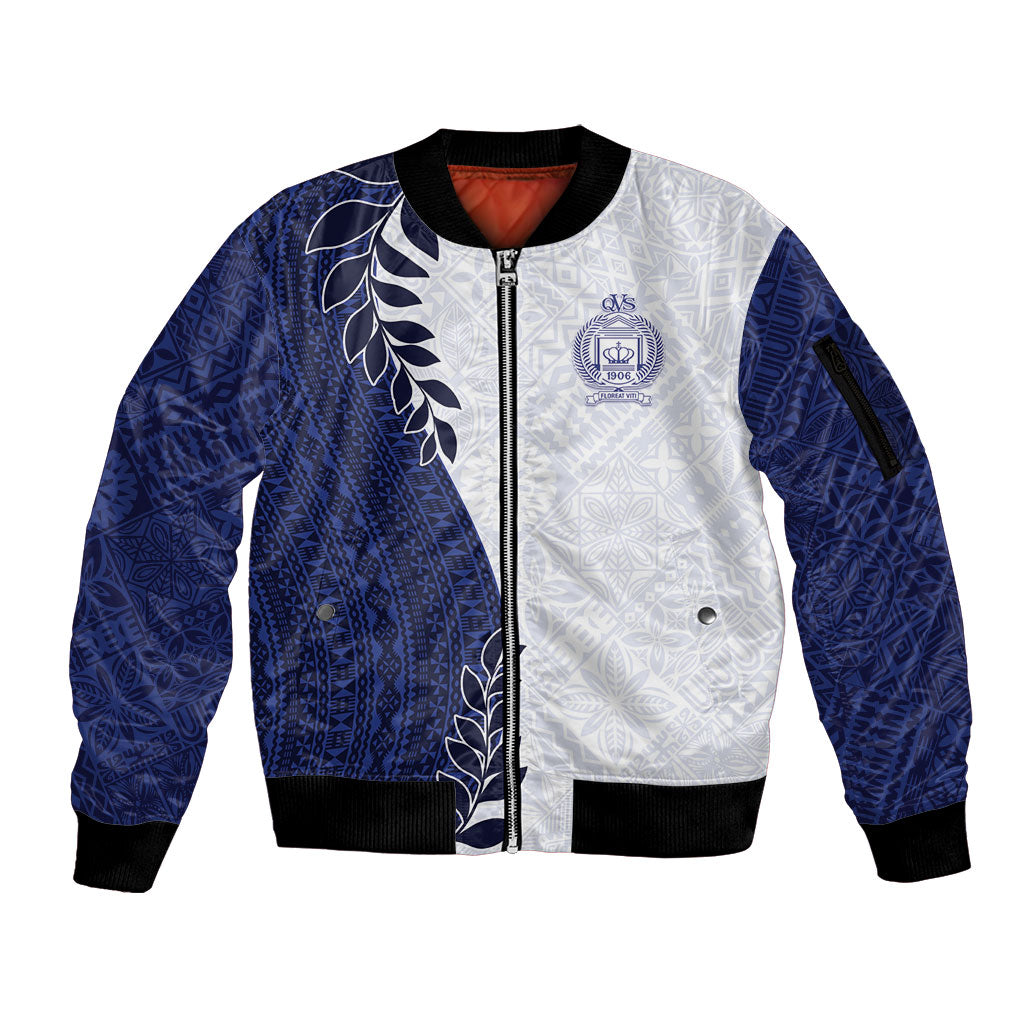 Custom Fiji Queen Victoria School Sleeve Zip Bomber Jacket 120 Years Anniversary LT05 Unisex White - Polynesian Pride