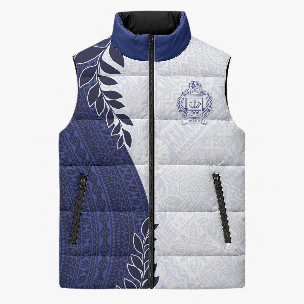 Custom Fiji Queen Victoria School Sleeveless Puffer Jacket 120 Years Anniversary LT05 Unisex White - Polynesian Pride