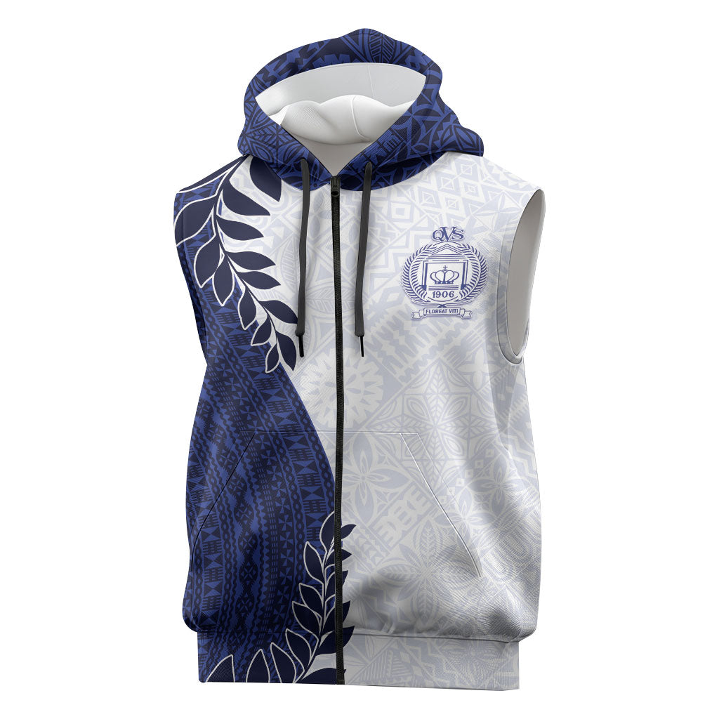 Custom Fiji Queen Victoria School Sleeveless Zip Hoodie 120 Years Anniversary LT05 White - Polynesian Pride