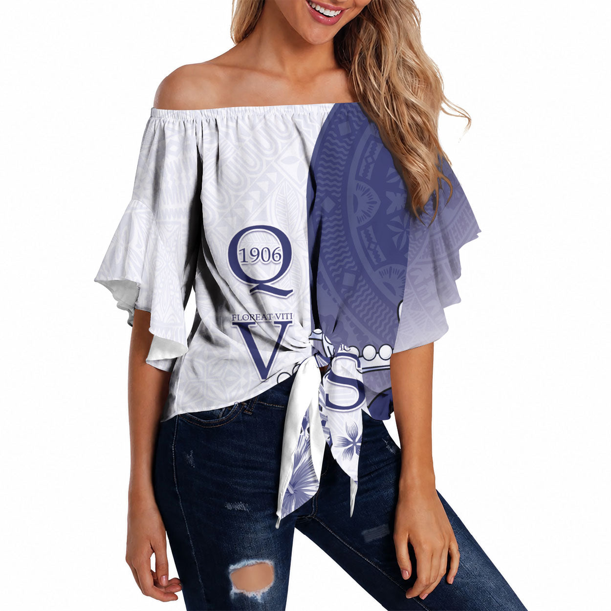 Personalised Fiji Queen Victoria School 1906 Off Shoulder Wrap Waist Top Floreat Viti LT05 Navy - Polynesian Pride