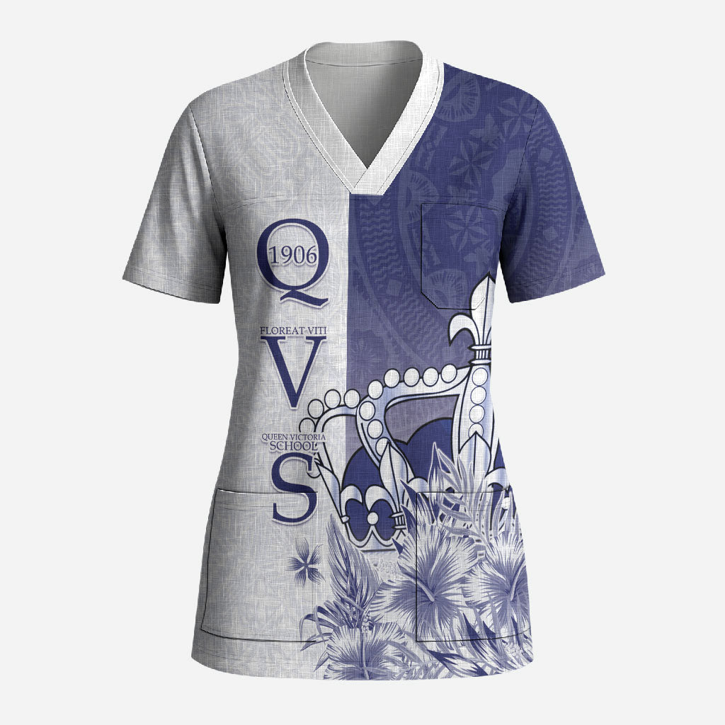 Personalised Fiji Queen Victoria School 1906 Scrub Top Floreat Viti LT05 Adult Navy - Polynesian Pride