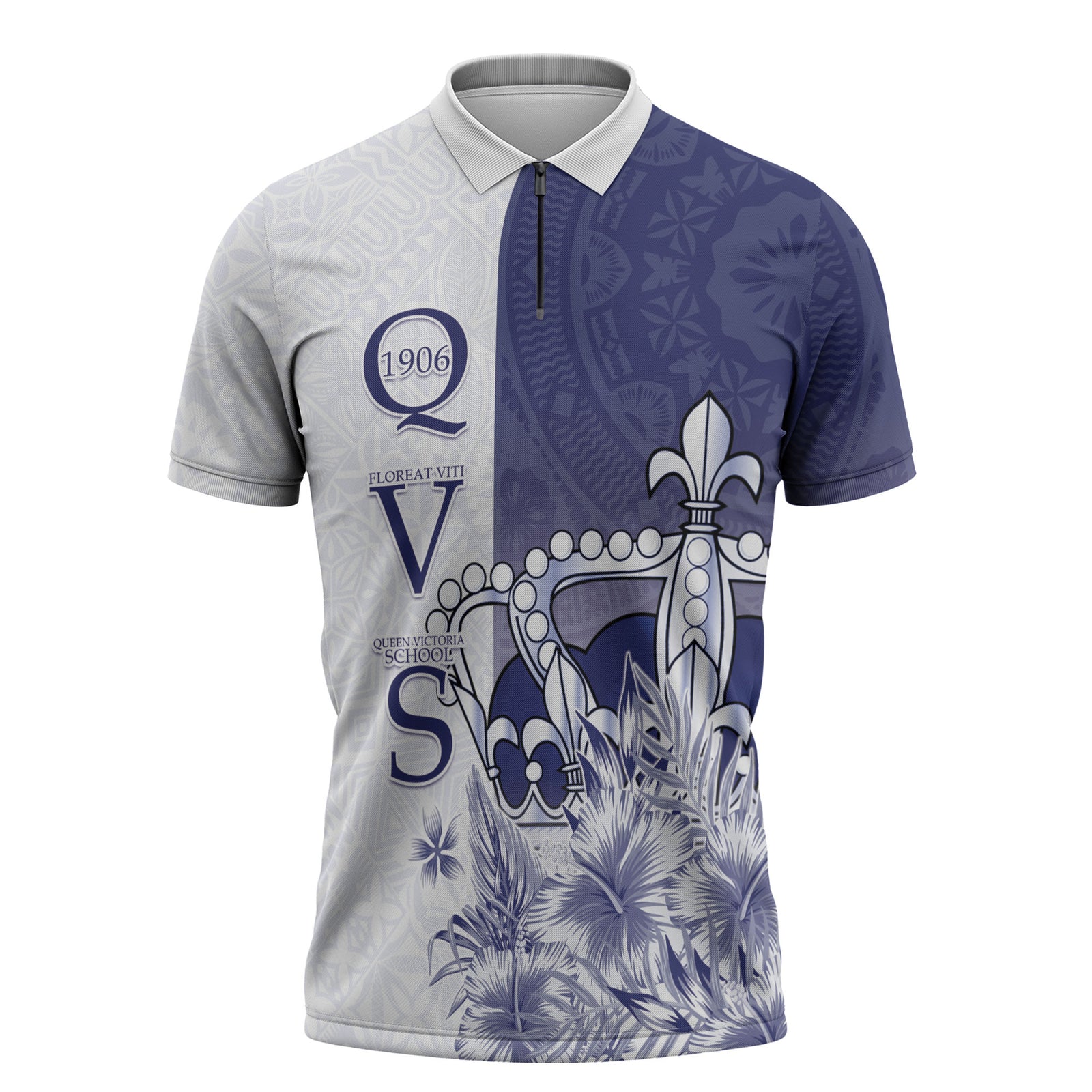 Personalised Fiji Queen Victoria School 1906 Zipper Polo Shirt Floreat Viti LT05 Navy - Polynesian Pride