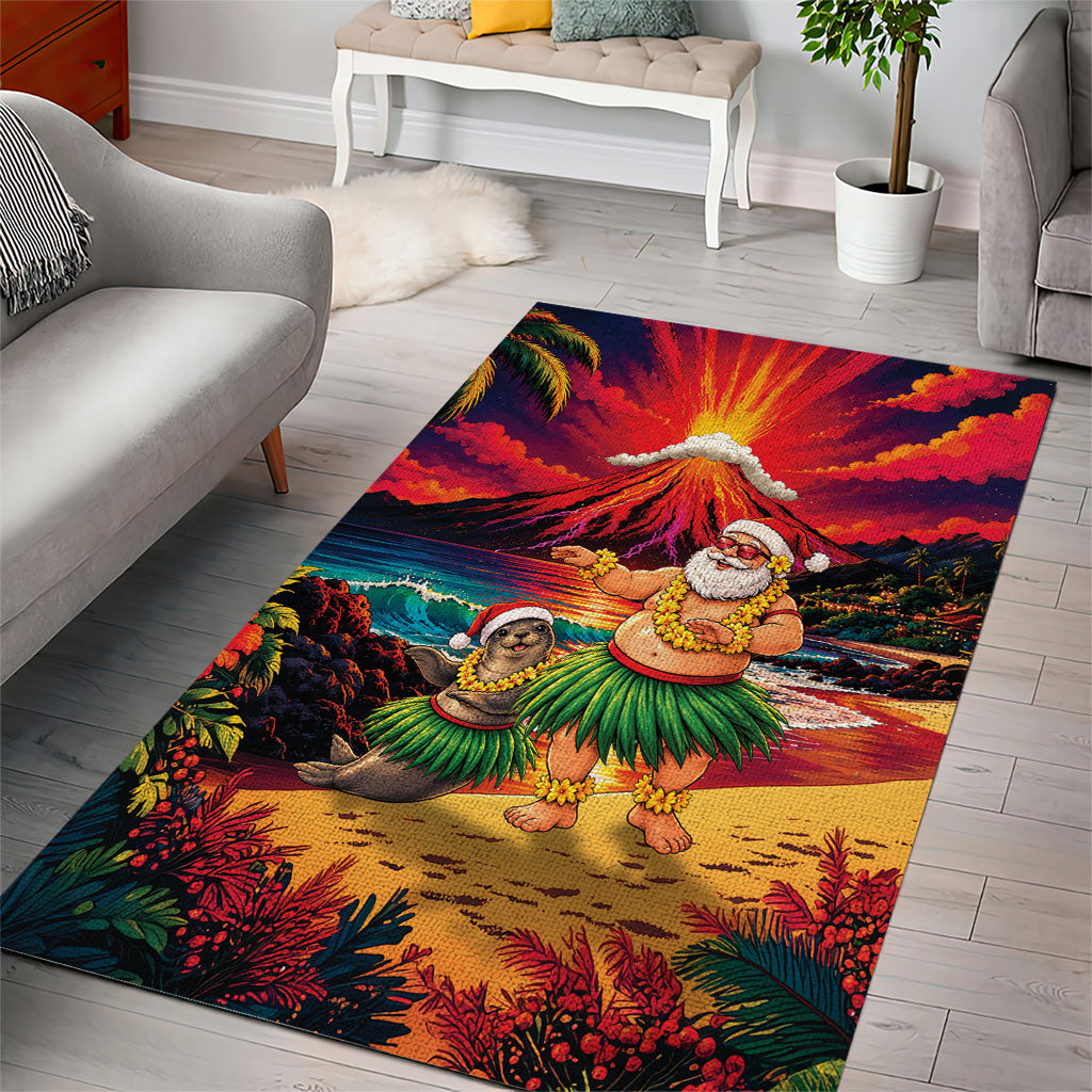 Hawaii Volcano Christmas Area Rug Hula Santa And Monk Seal LT05 - Polynesian Pride