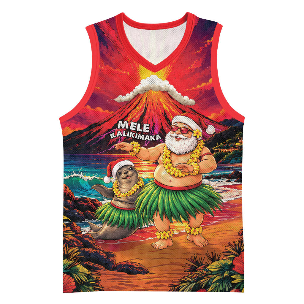 Hawaii Volcano Christmas Basketball Jersey Hula Santa And Monk Seal LT05 Unisex Multicolor - Polynesian Pride