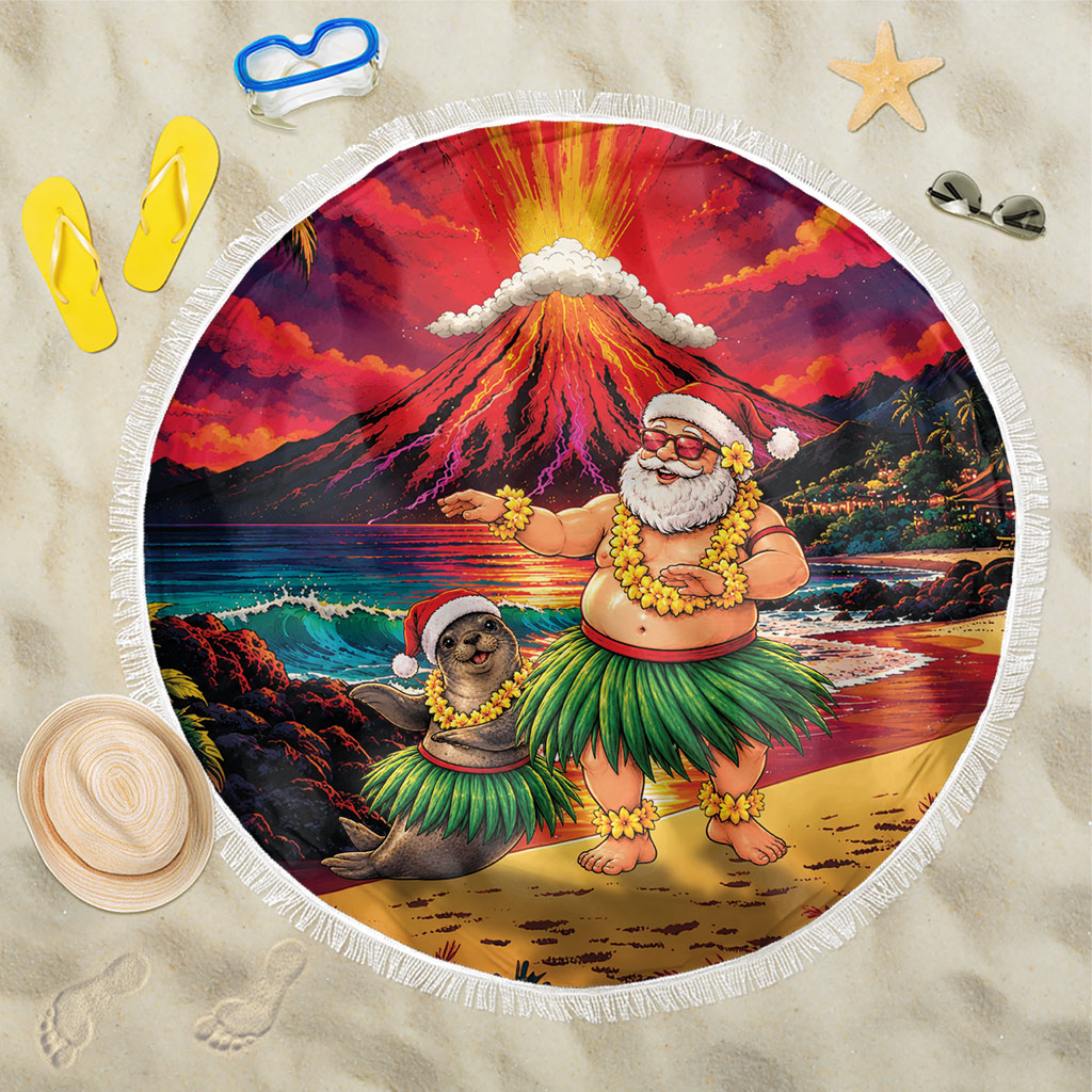 Hawaii Volcano Christmas Beach Blanket Hula Santa And Monk Seal LT05 One Size 150cm Multicolor - Polynesian Pride