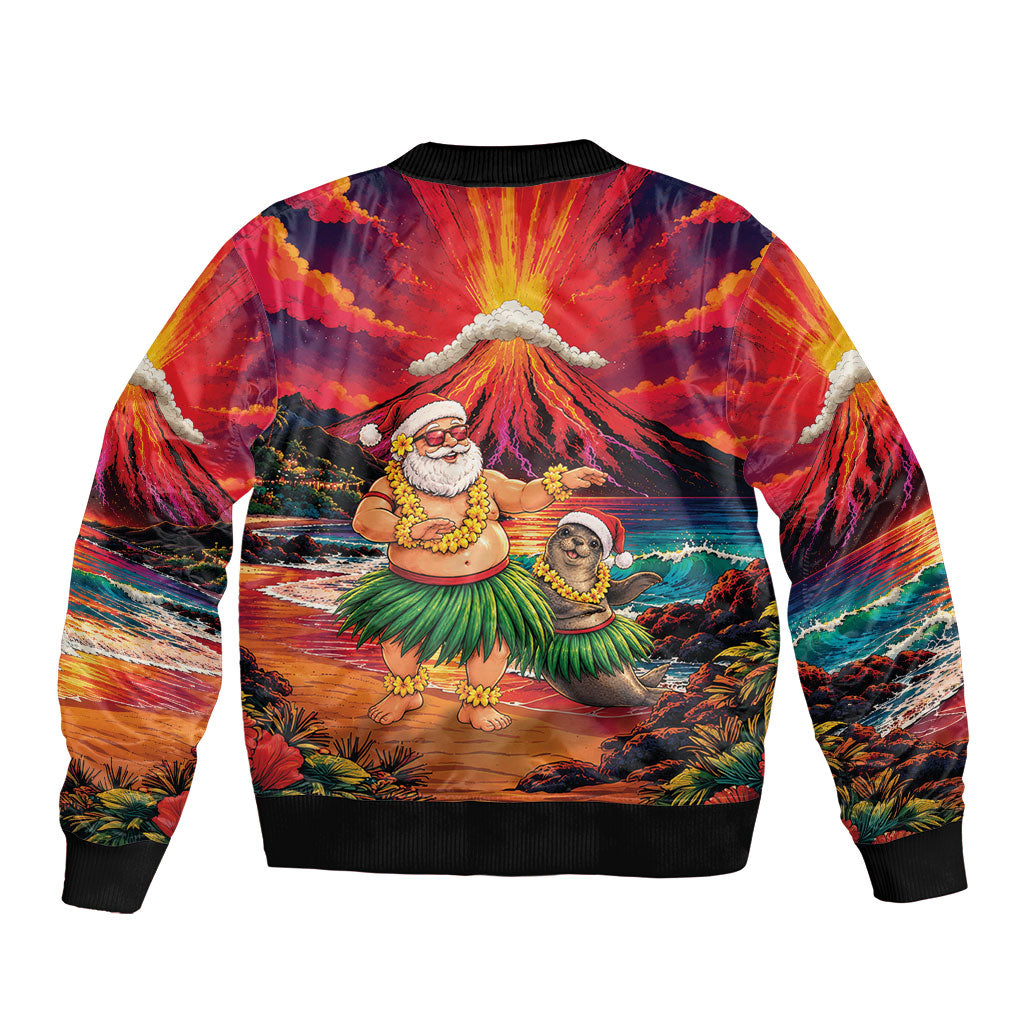 Hawaii Volcano Christmas Bomber Jacket Hula Santa And Monk Seal LT05 - Polynesian Pride