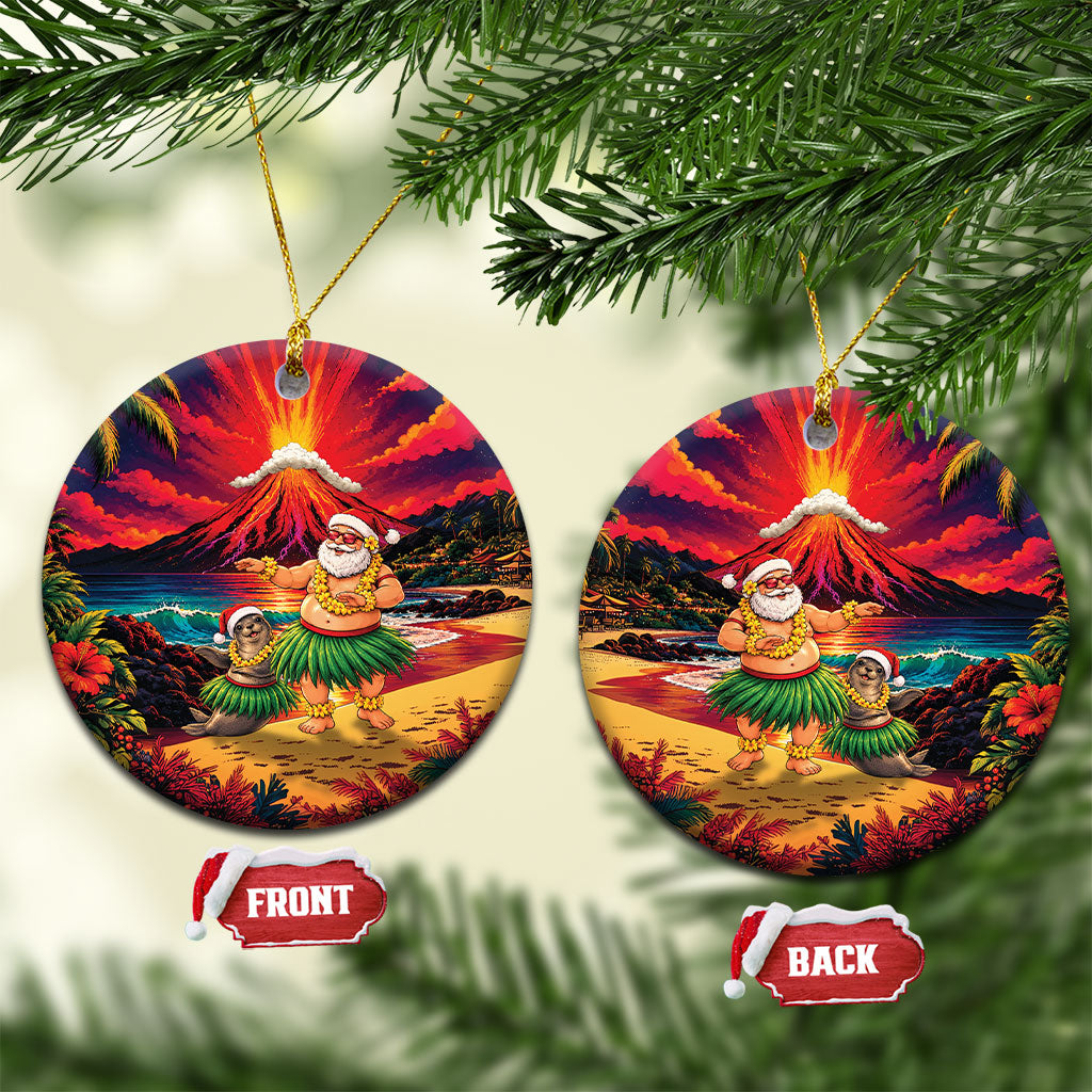 Hawaii Volcano Christmas Ceramic Ornament Hula Santa And Monk Seal LT05 Circle Multicolor - Polynesian Pride