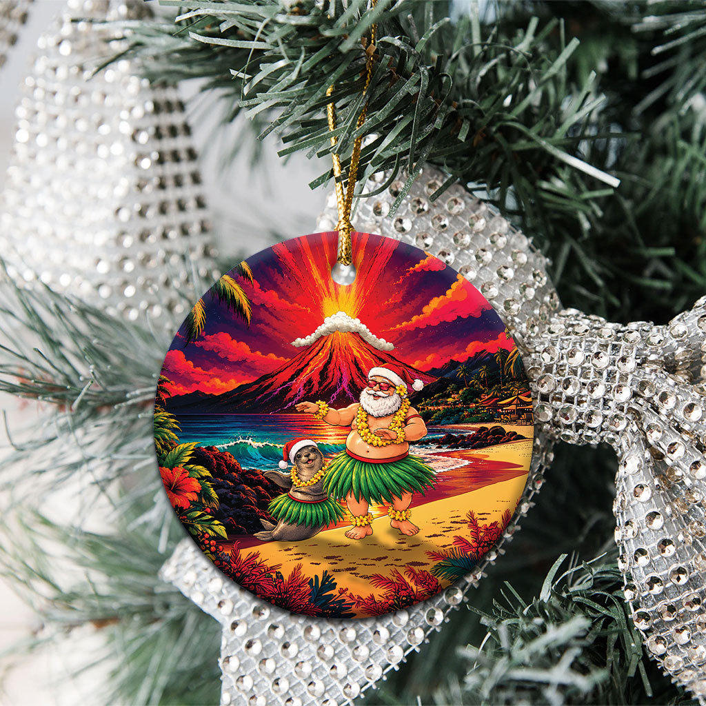Hawaii Volcano Christmas Ceramic Ornament Hula Santa And Monk Seal LT05 - Polynesian Pride