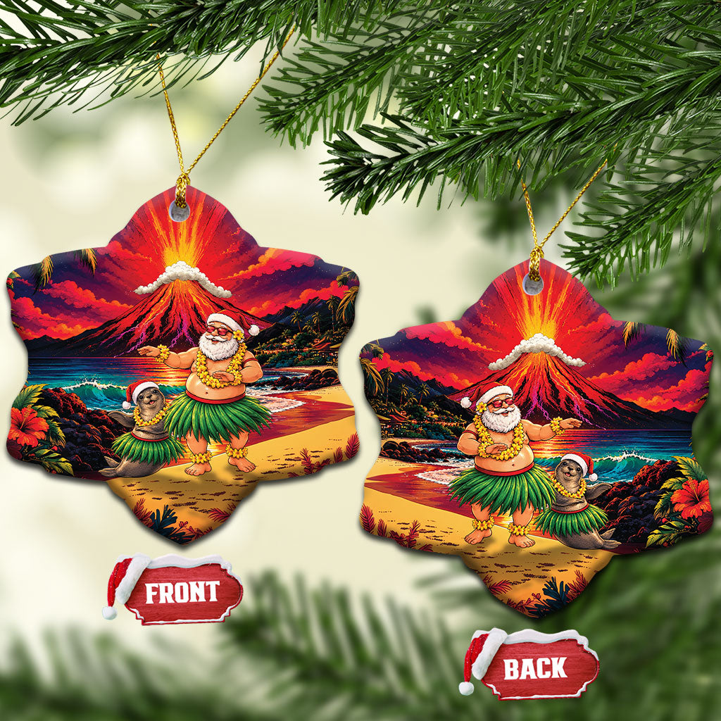 Hawaii Volcano Christmas Ceramic Ornament Hula Santa And Monk Seal LT05 Snow Flake Multicolor - Polynesian Pride