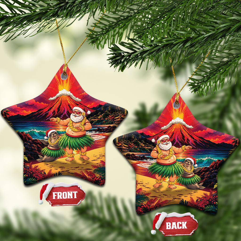 Hawaii Volcano Christmas Ceramic Ornament Hula Santa And Monk Seal LT05 Star Multicolor - Polynesian Pride