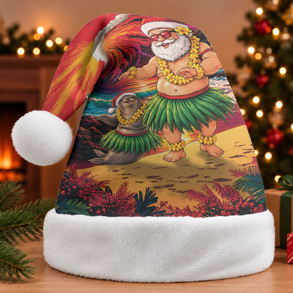 Hawaii Volcano Christmas Santa Hat Hula Santa And Monk Seal