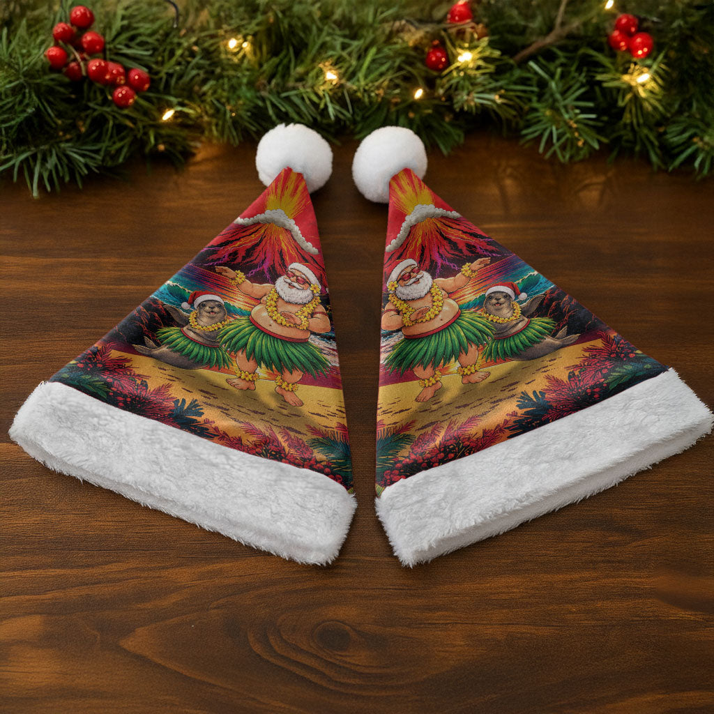 Hawaii Volcano Christmas Santa Hat Hula Santa And Monk Seal