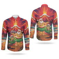 Hawaii Volcano Christmas Couples Matching Off Shoulder Short Dress and Long Sleeve Button Shirt Hula Santa And Monk Seal LT05 - Polynesian Pride