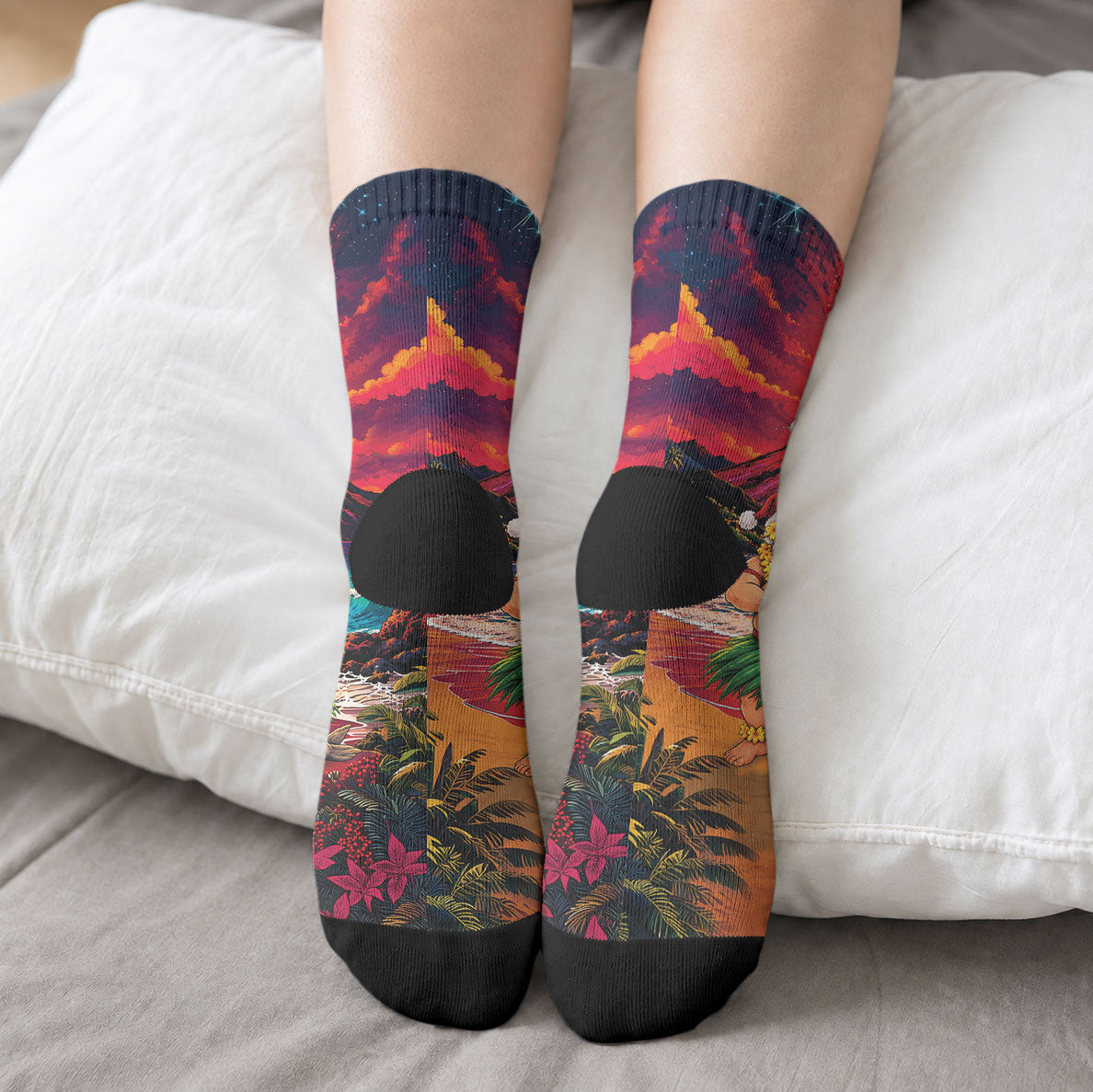 Hawaii Volcano Christmas Crew Socks Hula Santa And Monk Seal LT05 - Polynesian Pride