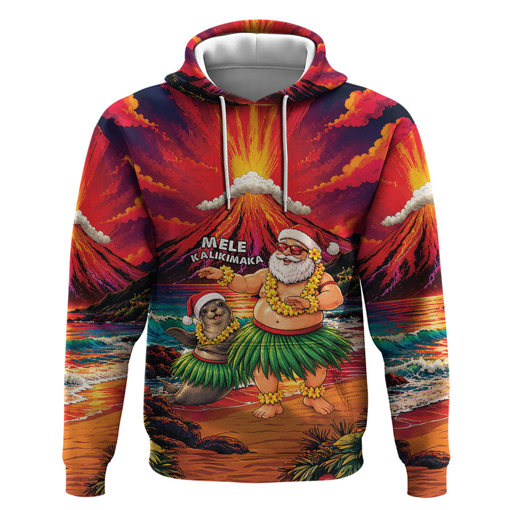 Hawaii Volcano Christmas Hoodie Hula Santa And Monk Seal LT05 Pullover Hoodie Multicolor - Polynesian Pride