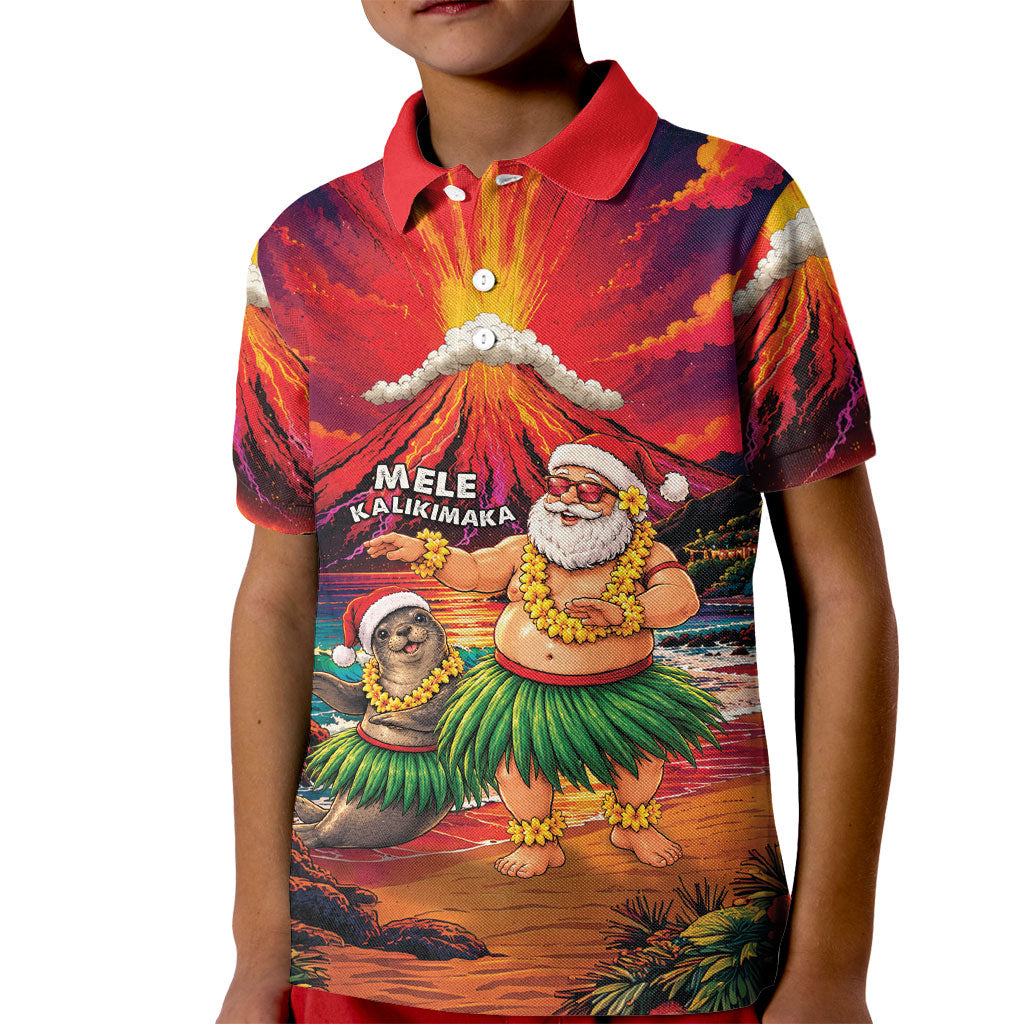 Hawaii Volcano Christmas Kid Polo Shirt Hula Santa And Monk Seal LT05 Kid Multicolor - Polynesian Pride