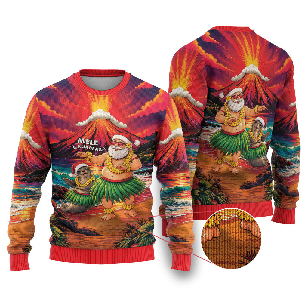 Hawaii Volcano Christmas Ugly Christmas Sweater Hula Santa And Monk Seal LT05 Multicolor - Polynesian Pride