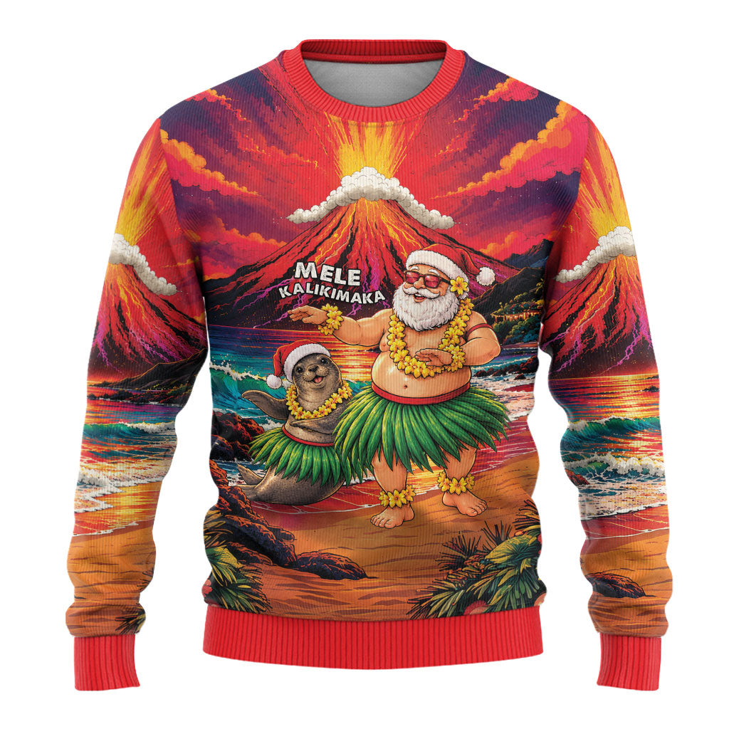 Hawaii Volcano Christmas Ugly Christmas Sweater Hula Santa And Monk Seal LT05 - Polynesian Pride