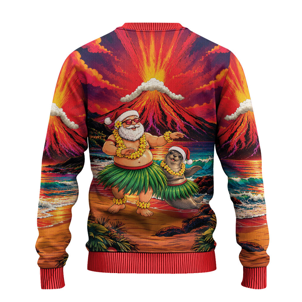 Hawaii Volcano Christmas Ugly Christmas Sweater Hula Santa And Monk Seal LT05 - Polynesian Pride