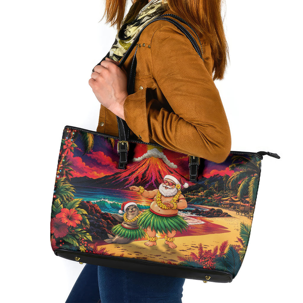 Hawaii Volcano Christmas Leather Tote Bag Hula Santa And Monk Seal LT05 Multicolor - Polynesian Pride