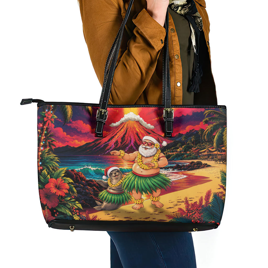 Hawaii Volcano Christmas Leather Tote Bag Hula Santa And Monk Seal LT05 - Polynesian Pride