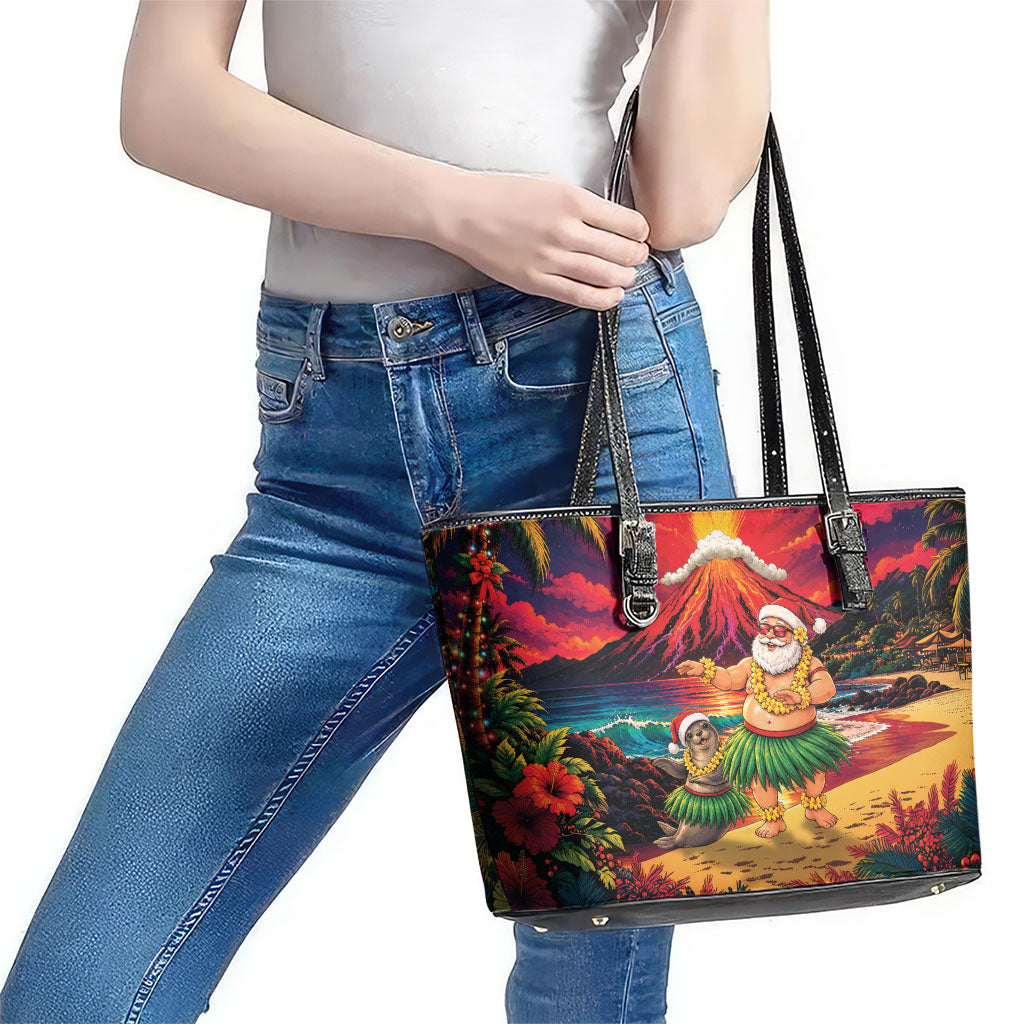 Hawaii Volcano Christmas Leather Tote Bag Hula Santa And Monk Seal LT05 - Polynesian Pride