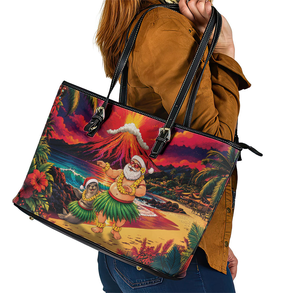 Hawaii Volcano Christmas Leather Tote Bag Hula Santa And Monk Seal LT05 - Polynesian Pride