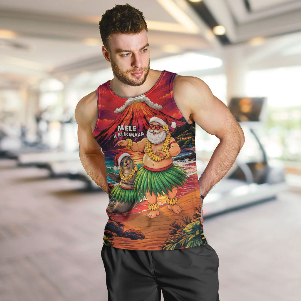 Hawaii Volcano Christmas Men Tank Top Hula Santa And Monk Seal LT05 Multicolor - Polynesian Pride