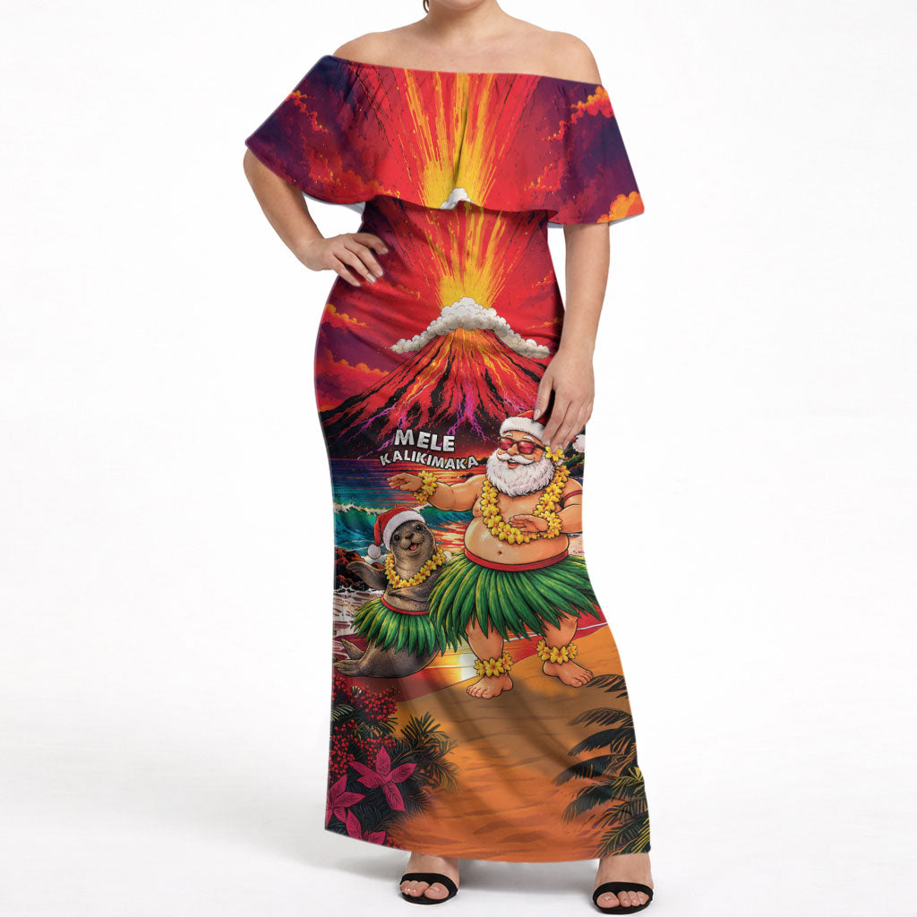 Hawaii Volcano Christmas Off Shoulder Maxi Dress Hula Santa And Monk Seal LT05 Women Multicolor - Polynesian Pride