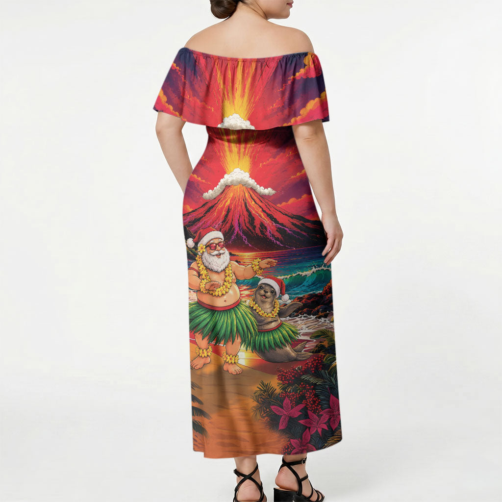 Hawaii Volcano Christmas Off Shoulder Maxi Dress Hula Santa And Monk Seal LT05 - Polynesian Pride