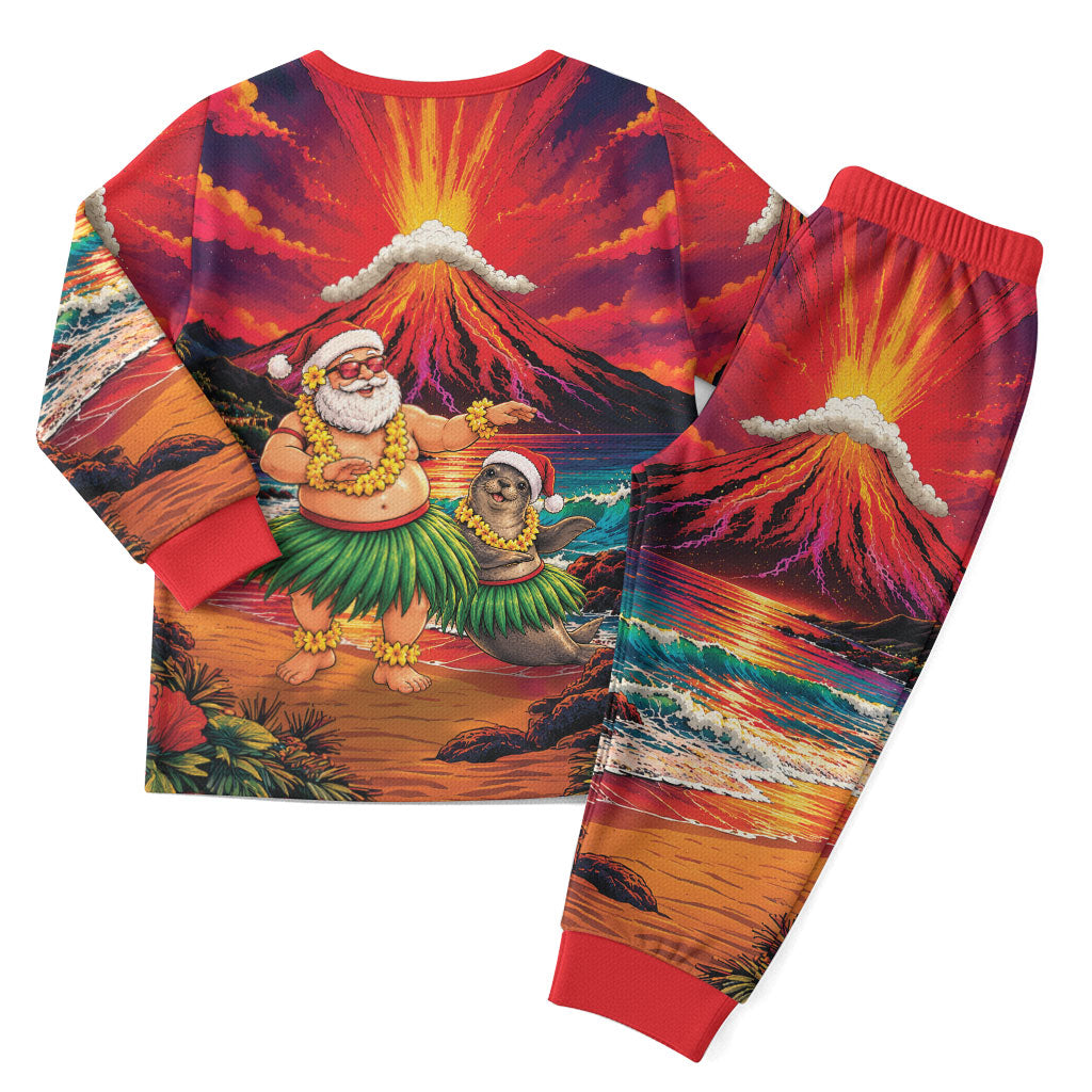 Hawaii Volcano Christmas Pajama Set Hula Santa And Monk Seal