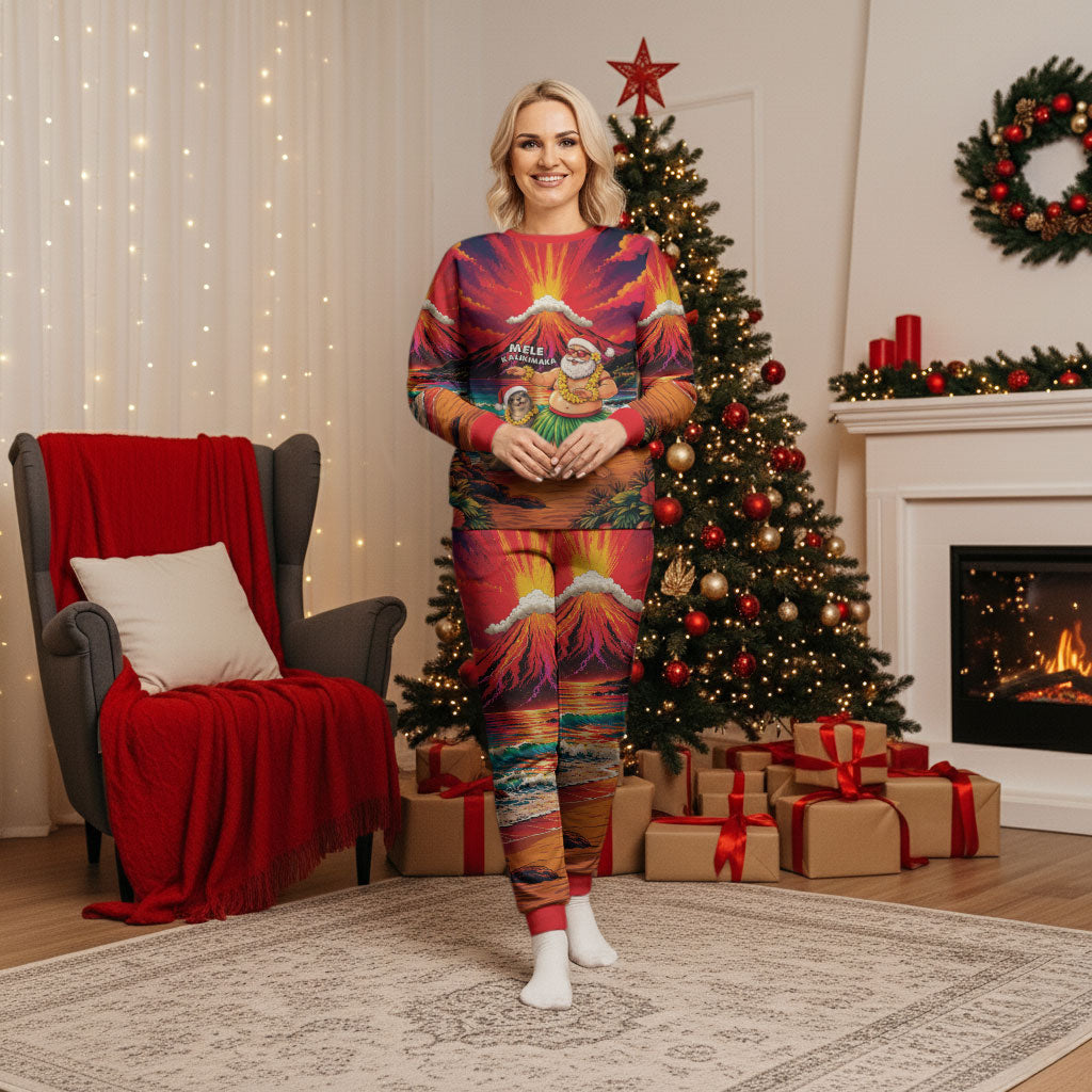 Hawaii Volcano Christmas Pajama Set Hula Santa And Monk Seal