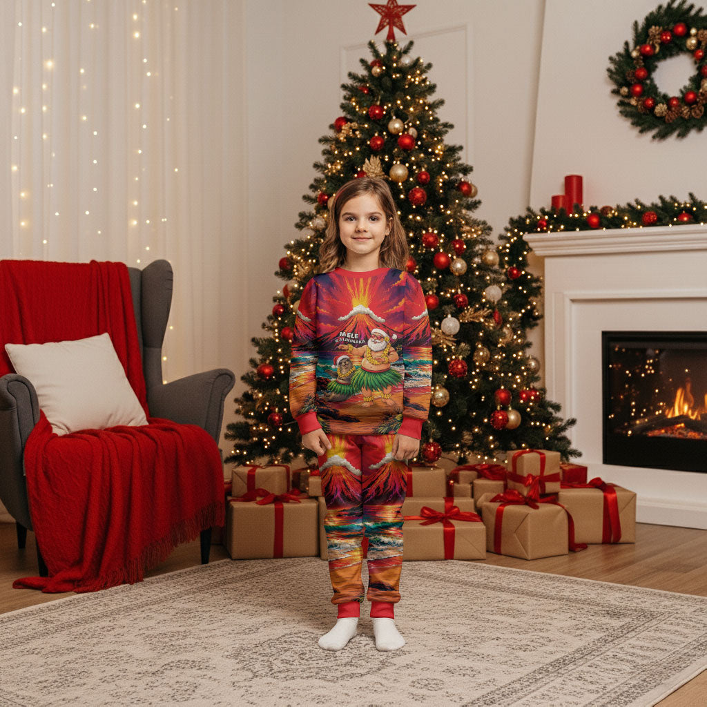 Hawaii Volcano Christmas Pajama Set Hula Santa And Monk Seal