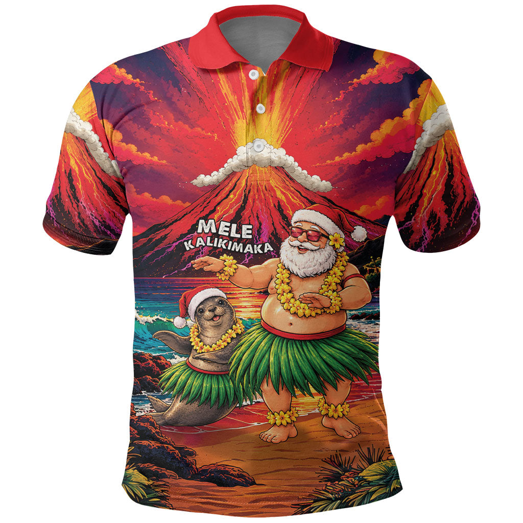 Hawaii Volcano Christmas Polo Shirt Hula Santa And Monk Seal LT05 Multicolor - Polynesian Pride