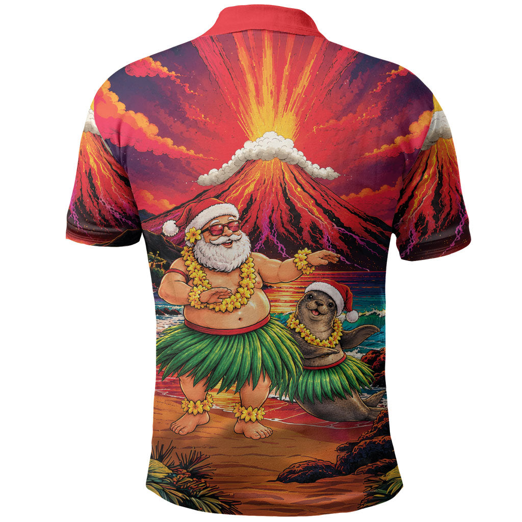 Hawaii Volcano Christmas Polo Shirt Hula Santa And Monk Seal LT05 - Polynesian Pride