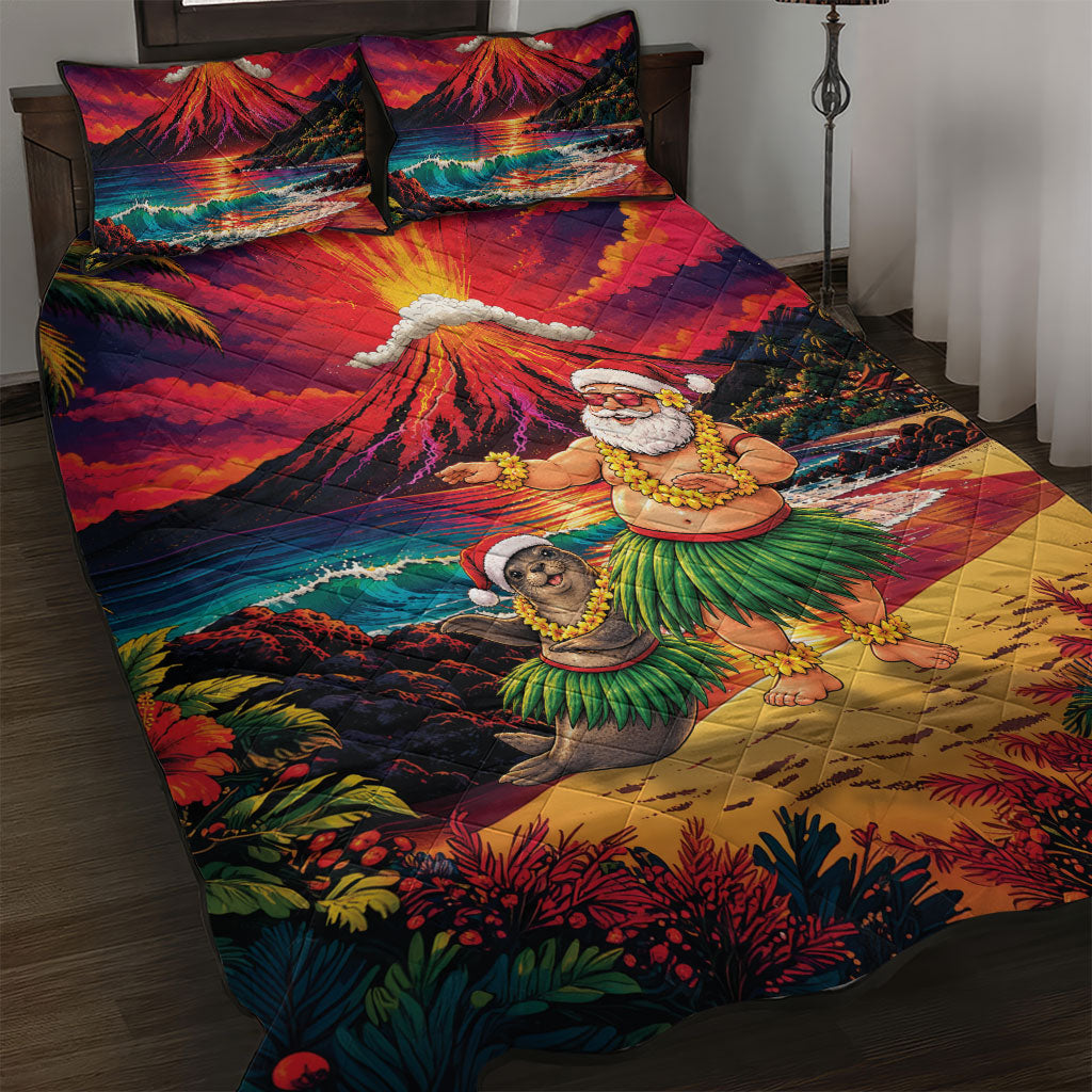 Hawaii Volcano Christmas Quilt Bed Set Hula Santa And Monk Seal LT05 Multicolor - Polynesian Pride