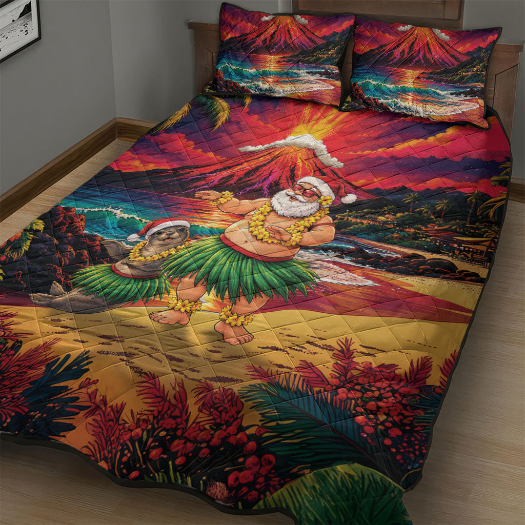 Hawaii Volcano Christmas Quilt Bed Set Hula Santa And Monk Seal LT05 - Polynesian Pride