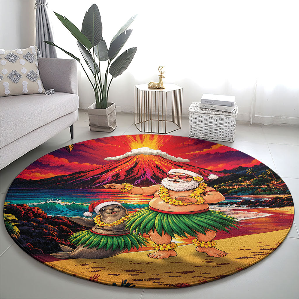 Hawaii Volcano Christmas Round Carpet Hula Santa And Monk Seal LT05 - Polynesian Pride