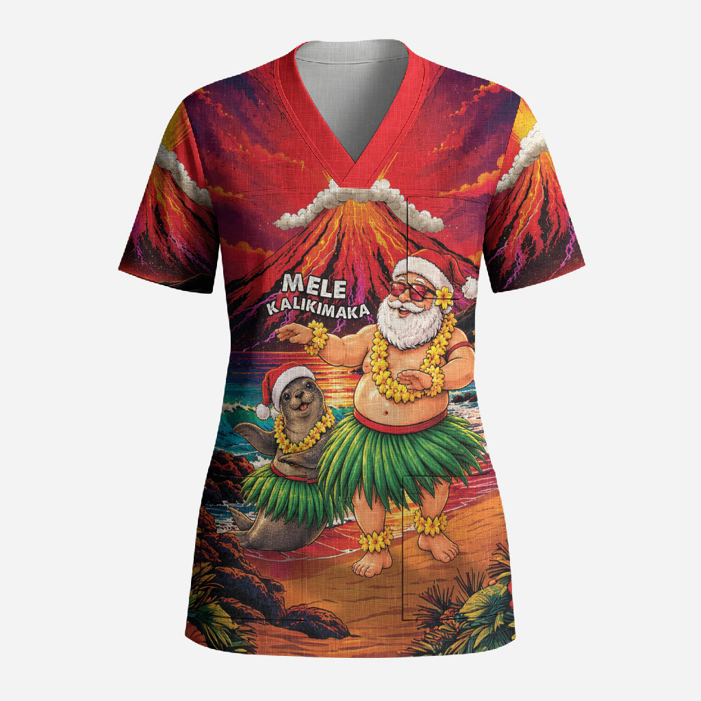 Hawaii Volcano Christmas Scrub Top Hula Santa And Monk Seal LT05 Adult Multicolor - Polynesian Pride