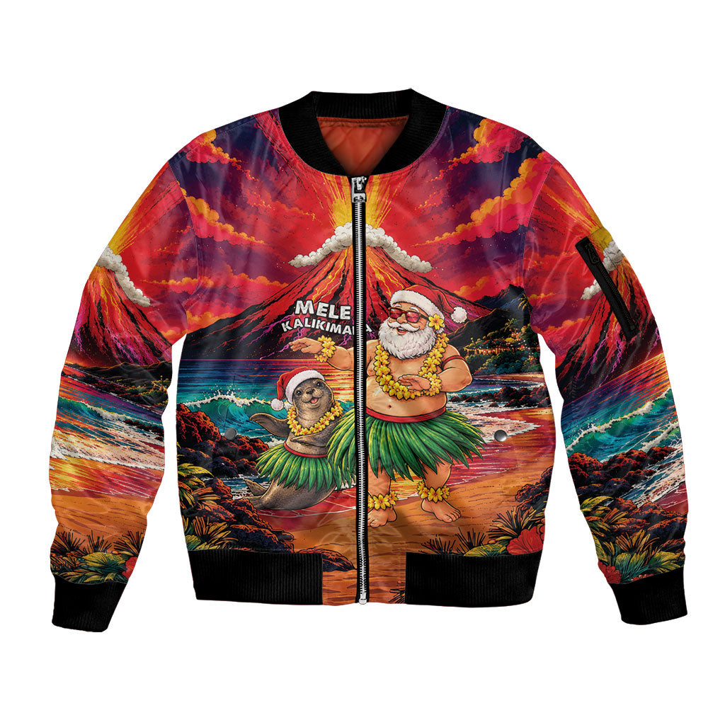 Hawaii Volcano Christmas Sleeve Zip Bomber Jacket Hula Santa And Monk Seal LT05 Unisex Multicolor - Polynesian Pride
