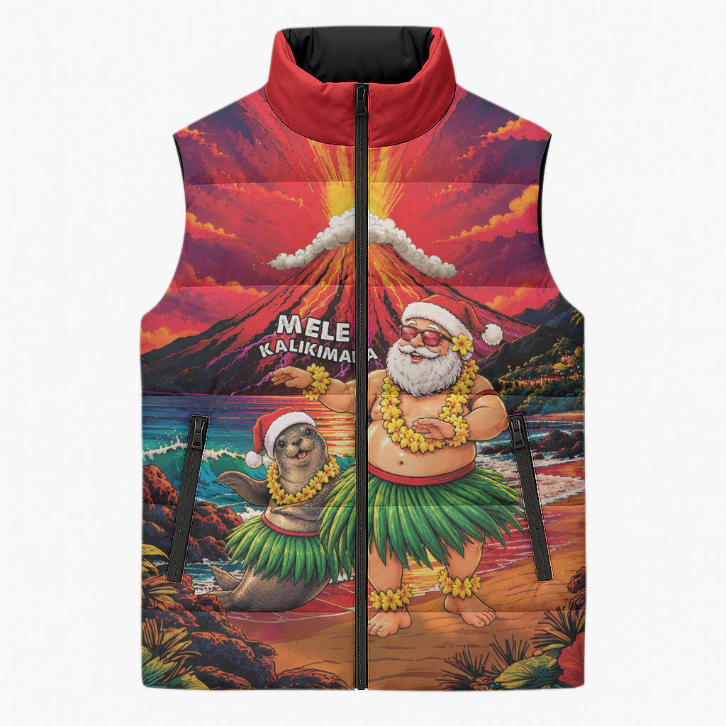 Hawaii Volcano Christmas Sleeveless Puffer Jacket Hula Santa And Monk Seal LT05 Unisex Multicolor - Polynesian Pride