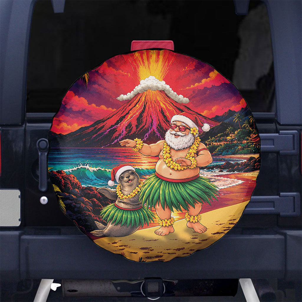 Hawaii Volcano Christmas Spare Tire Cover Hula Santa And Monk Seal LT05 No hole Multicolor - Polynesian Pride