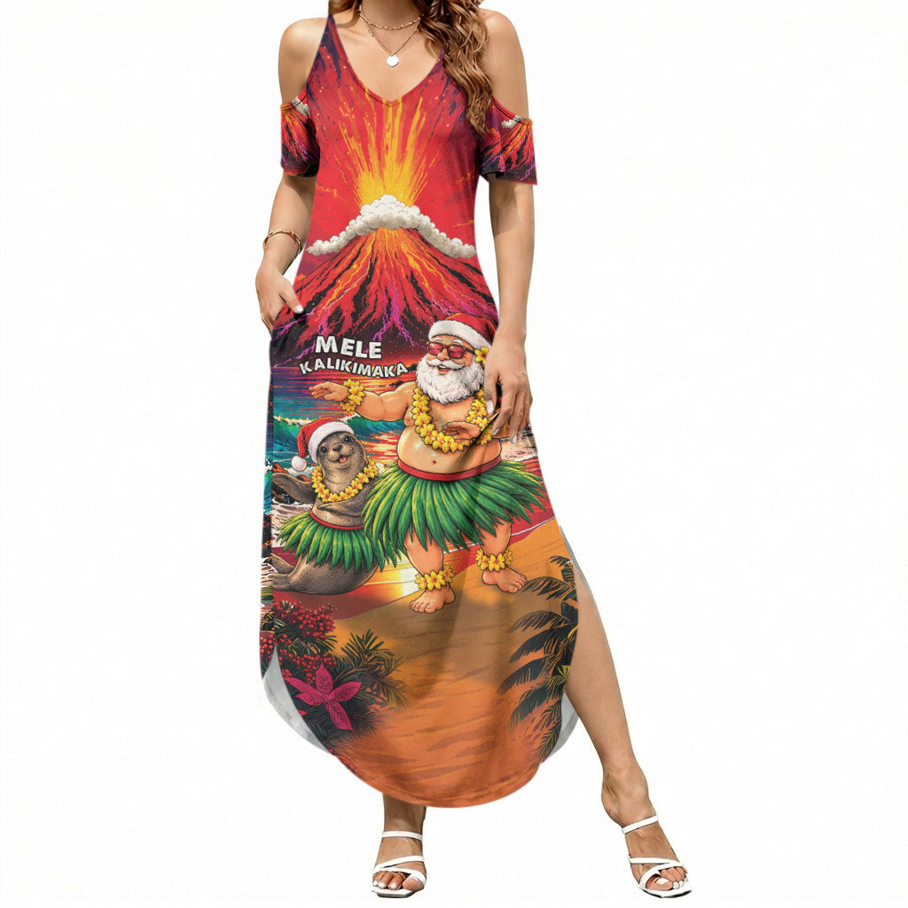 Hawaii Volcano Christmas Summer Maxi Dress Hula Santa And Monk Seal LT05 Women Multicolor - Polynesian Pride
