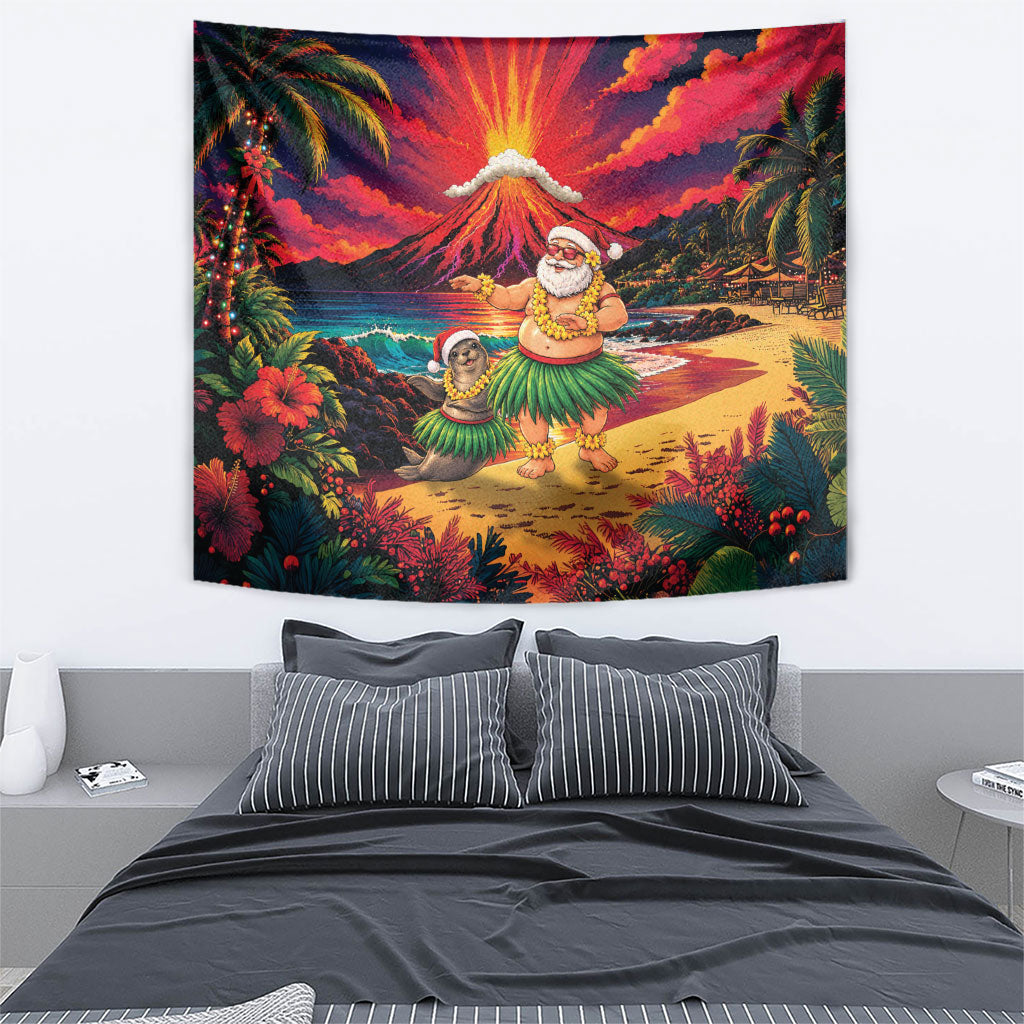 Hawaii Volcano Christmas Tapestry Hula Santa And Monk Seal LT05 - Polynesian Pride